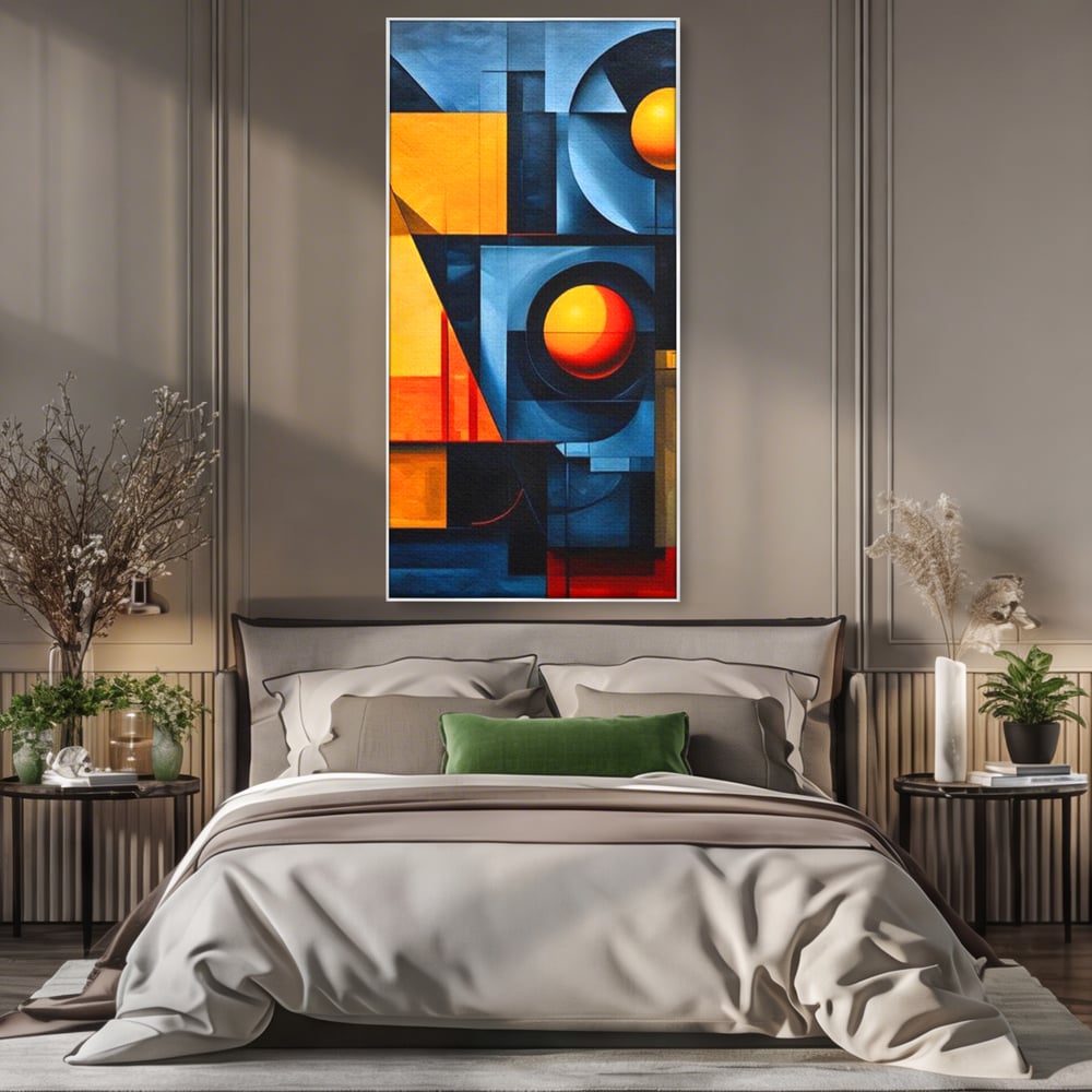 Tablou canvas cu pictura abstracta cu forme geometrice, in rama de aluminiu argintiu, pe perete intr-un dormitor